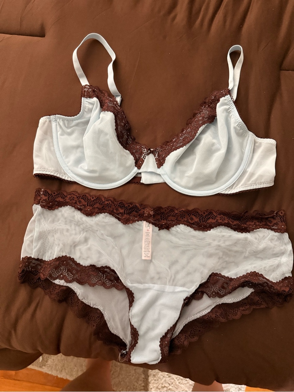 Victoria’s Secret Tease Blue & Brown Lace Trim Underwire Bra Set